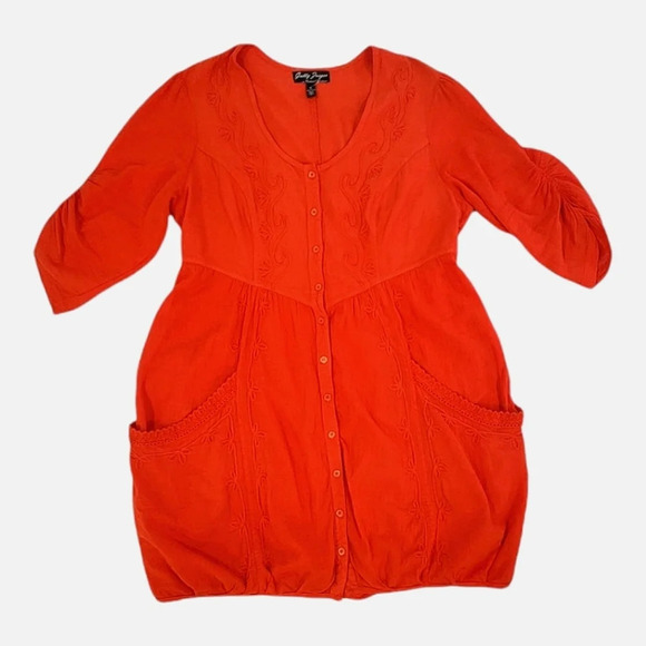 Gretty Fueger Boho Embroidered Crinkle Fire Red Dress Sz XL - Picture 12 of 12